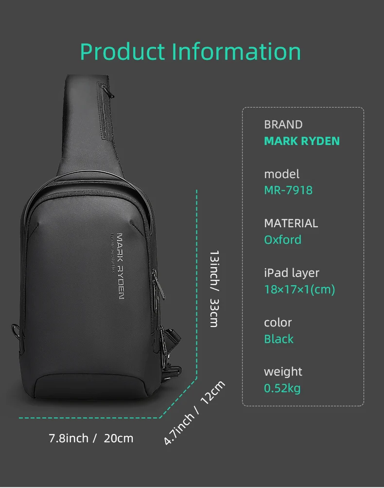 Mark Ryden Shoulder Bag for Men Water-repellent Sports Chest Bag Anti-theft Crossbody Bags USB Charging Messenger Bag