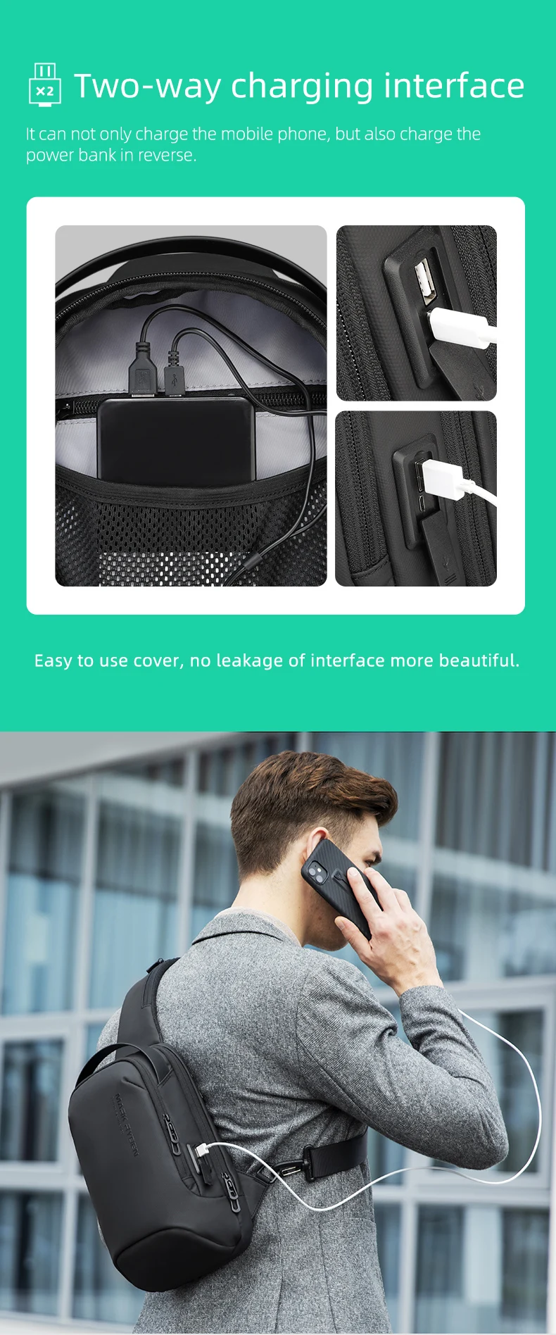 Mark Ryden Shoulder Bag for Men Water-repellent Sports Chest Bag Anti-theft Crossbody Bags USB Charging Messenger Bag