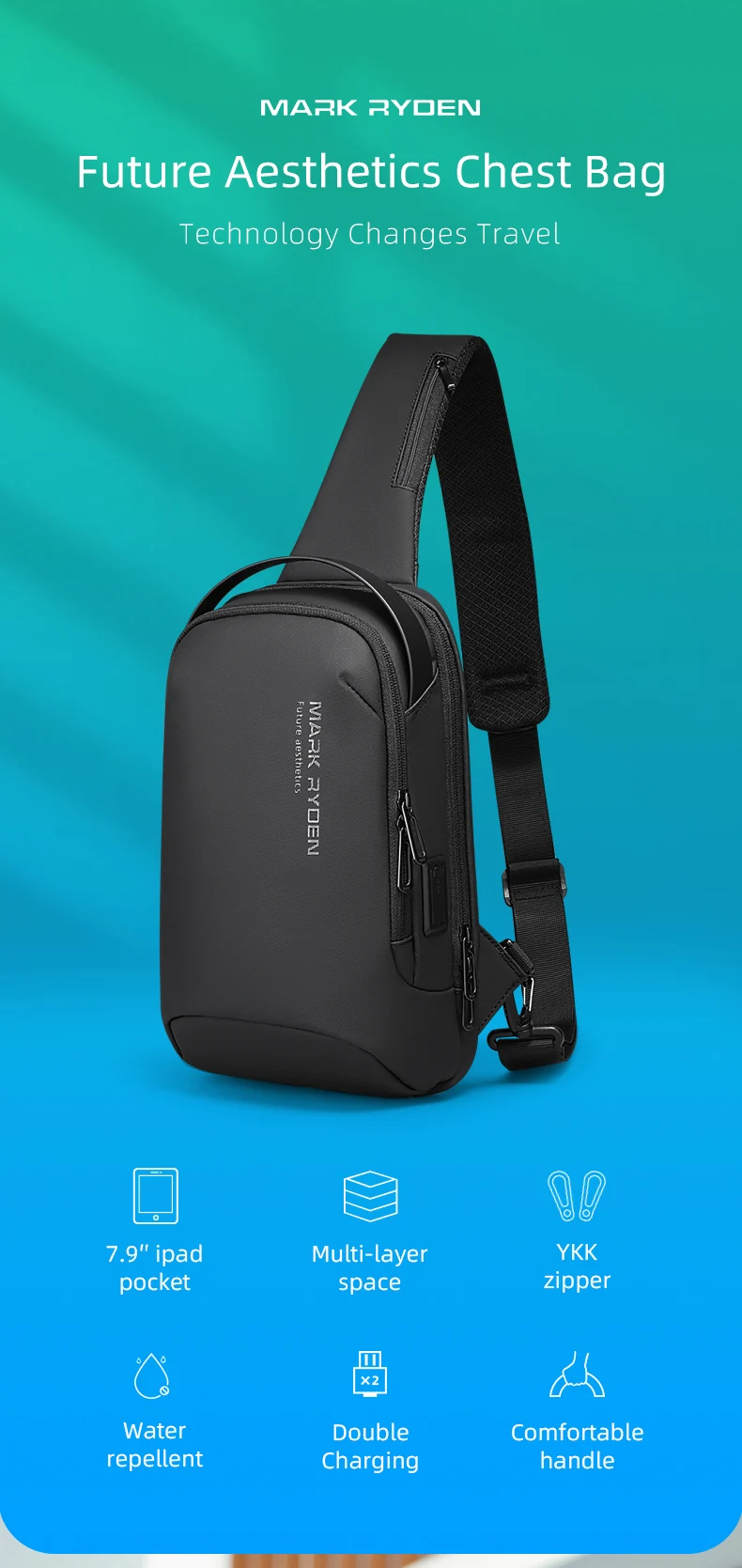 Mark Ryden Shoulder Bag for Men Water-repellent Sports Chest Bag Anti-theft Crossbody Bags USB Charging Messenger Bag