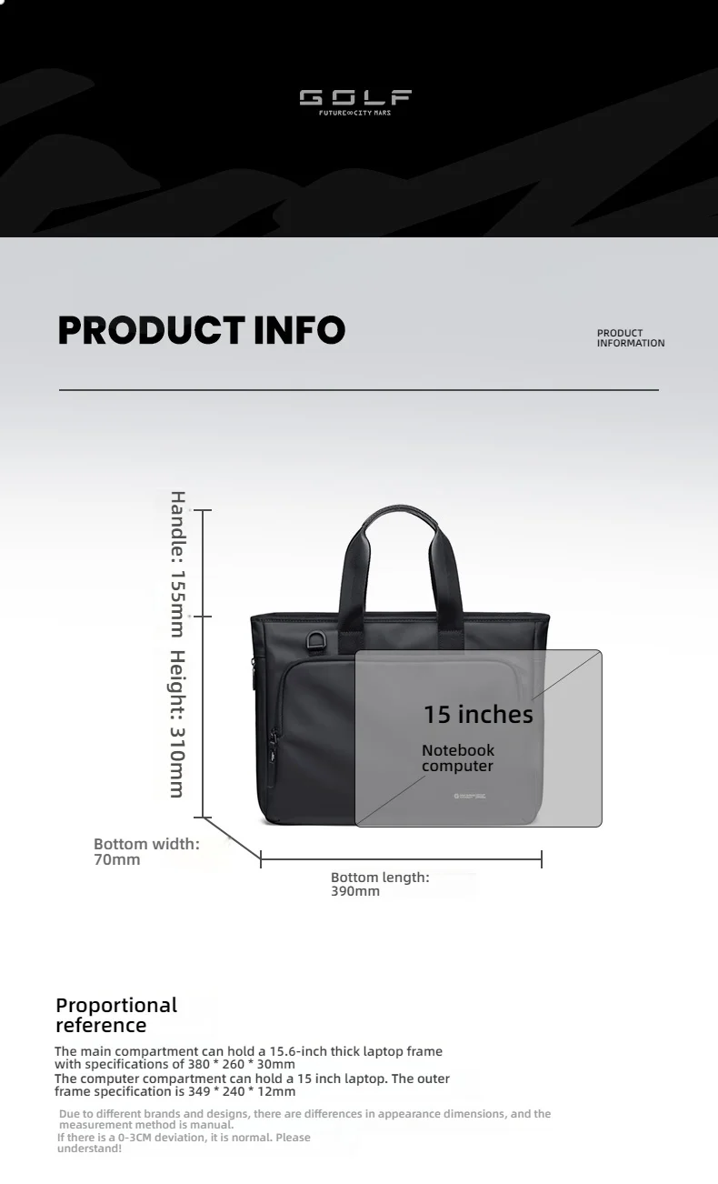 GOLF Men's Handbag Waterproof Nylon Briefcase 16” Laptop Bag Detachable Strap  Business Trips Oxford Cloth Document Organize
