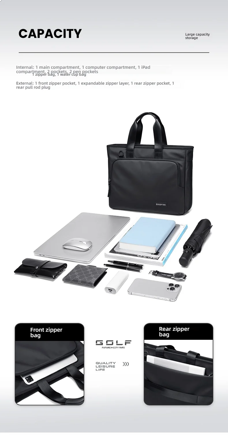GOLF Men's Handbag Waterproof Nylon Briefcase 16” Laptop Bag Detachable Strap  Business Trips Oxford Cloth Document Organize