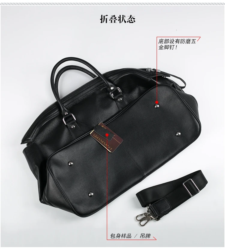 Luxury Men Genuine Leather Travel Bag Luggage Bag Men Leather Duffle Bags Weekend Shoulder Bag Overnight Male Tote Black