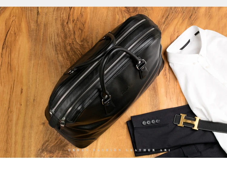 Luxury Men Genuine Leather Travel Bag Luggage Bag Men Leather Duffle Bags Weekend Shoulder Bag Overnight Male Tote Black