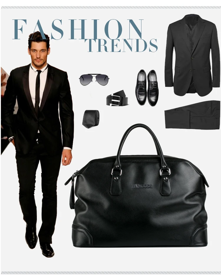 Luxury Men Genuine Leather Travel Bag Luggage Bag Men Leather Duffle Bags Weekend Shoulder Bag Overnight Male Tote Black