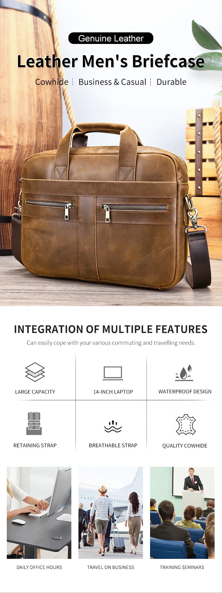 Genuine leather men's briefcase for business travel, top-layer cowhide handbag for lawyers, laptop bag, business handbag for men
