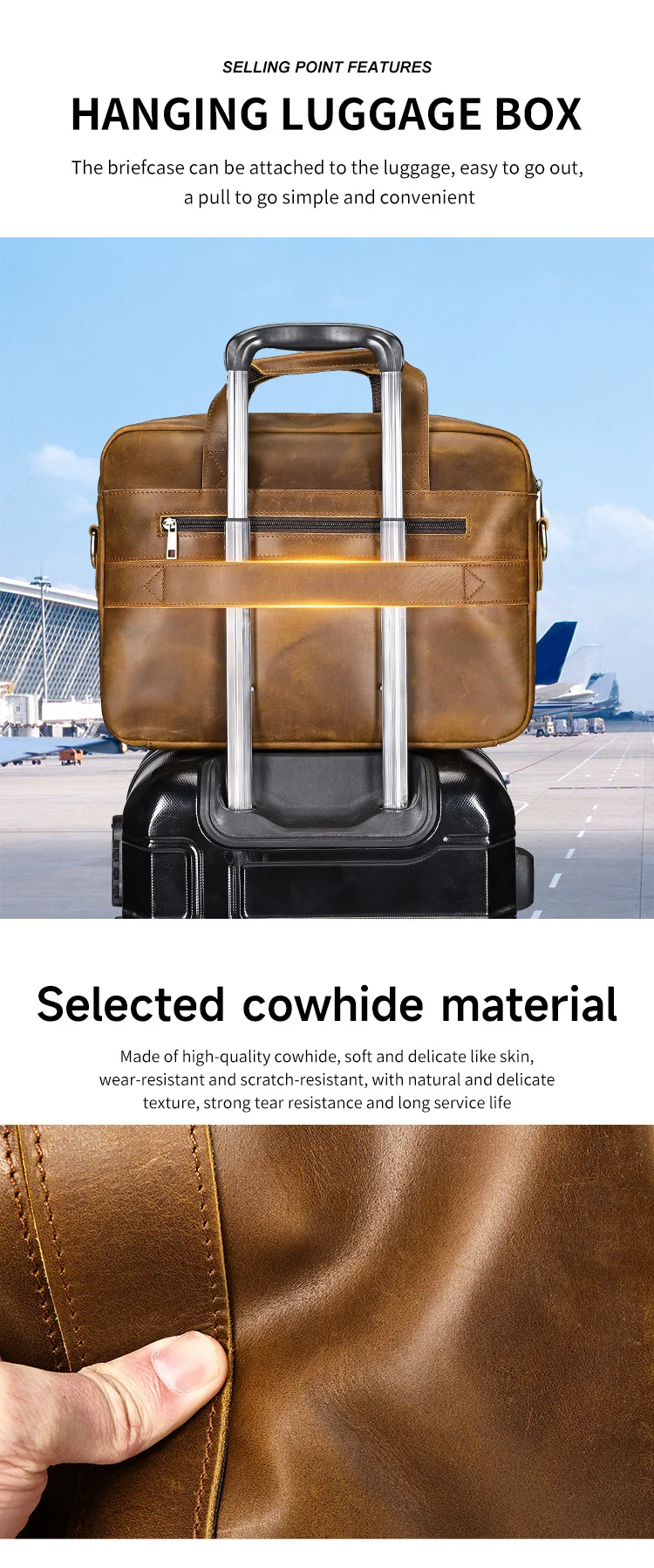 Genuine leather men's briefcase for business travel, top-layer cowhide handbag for lawyers, laptop bag, business handbag for men