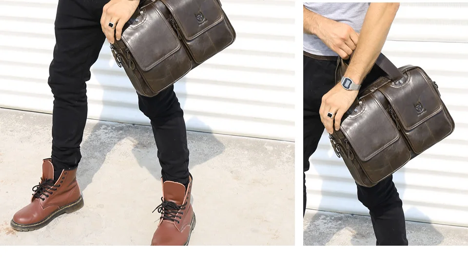 BULLCAPTAIN Men's Real Leather Briefcase 14 Inch Laptop Sleeve ,Casual Shoulder Messenger Bag, Tote, Work, Office, 042