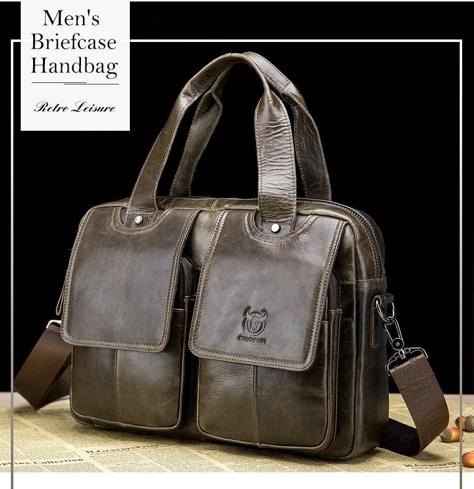 BULLCAPTAIN Men's Real Leather Briefcase 14 Inch Laptop Sleeve ,Casual Shoulder Messenger Bag, Tote, Work, Office, 042