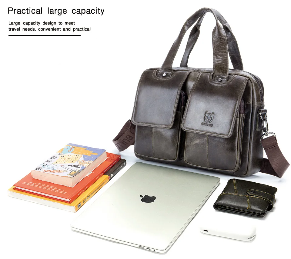 BULLCAPTAIN Men's Real Leather Briefcase 14 Inch Laptop Sleeve ,Casual Shoulder Messenger Bag, Tote, Work, Office, 042