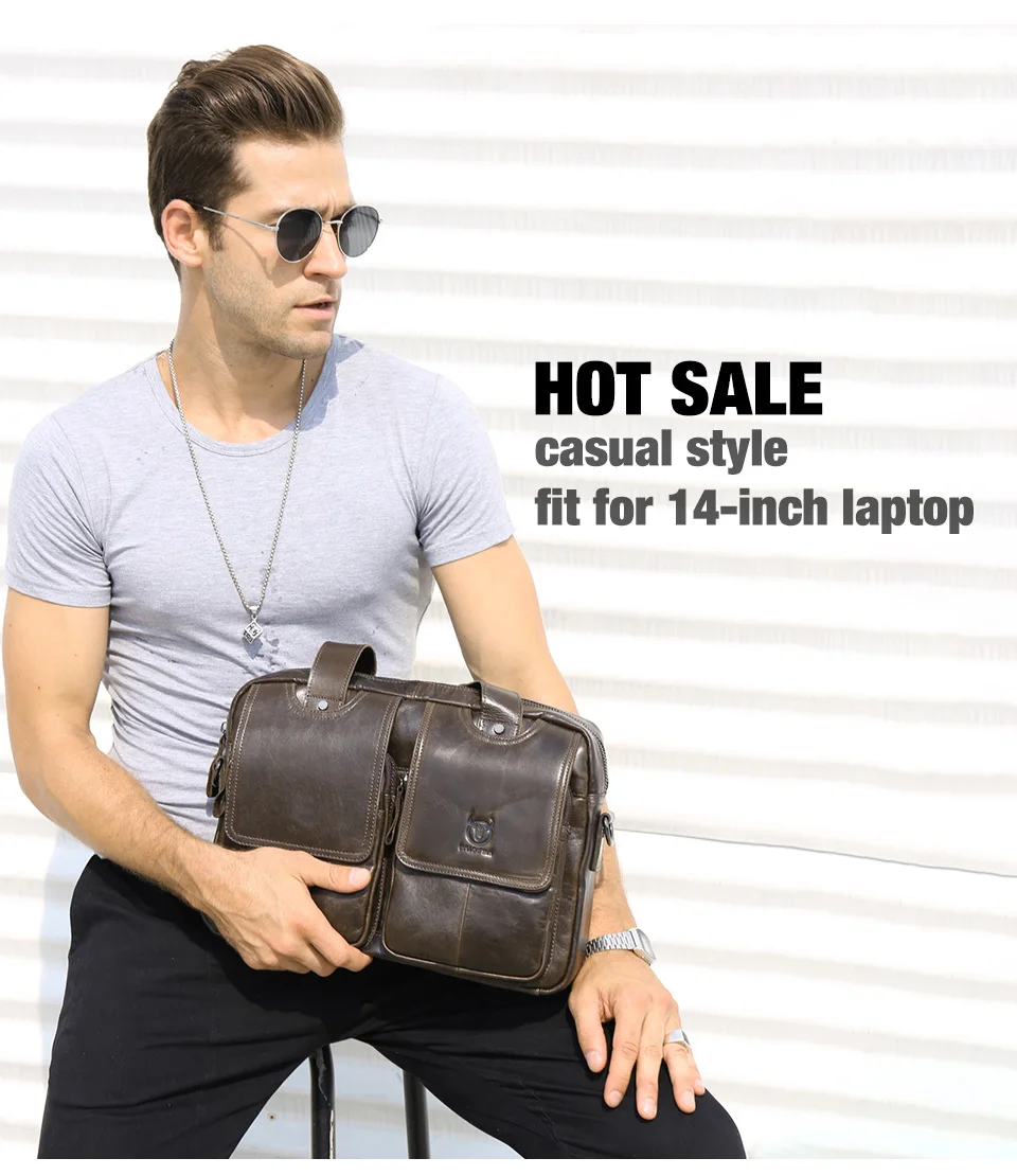 BULLCAPTAIN Men's Real Leather Briefcase 14 Inch Laptop Sleeve ,Casual Shoulder Messenger Bag, Tote, Work, Office, 042