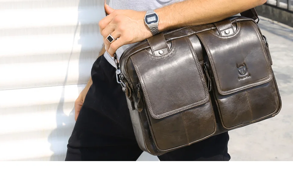 BULLCAPTAIN Men's Real Leather Briefcase 14 Inch Laptop Sleeve ,Casual Shoulder Messenger Bag, Tote, Work, Office, 042