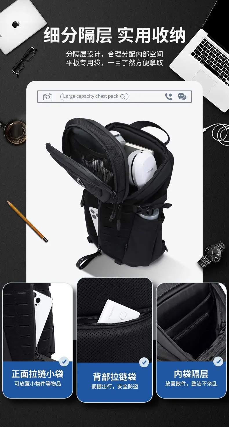 Ozuko Chest Bag Cross Bag Men Waterproof USB Man Crossbody Bag Anti-Theft Short Travel Messenger Sling Fashion Designer