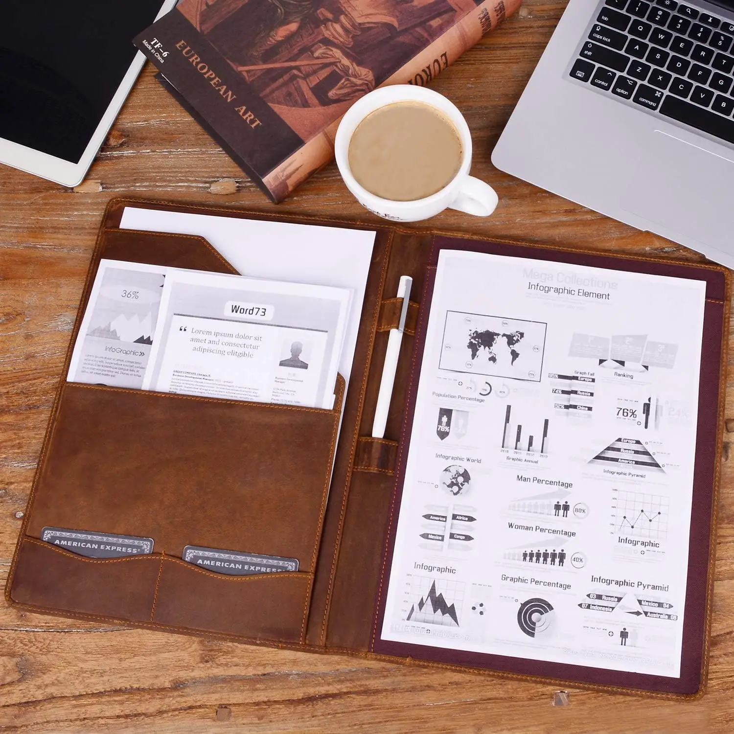Vintage Genuine Leather Notepad Clipboard A4 Folder Legal Pad iPad 10.5" Tablet Case 33.5x25.4x3cm 0.8kg
