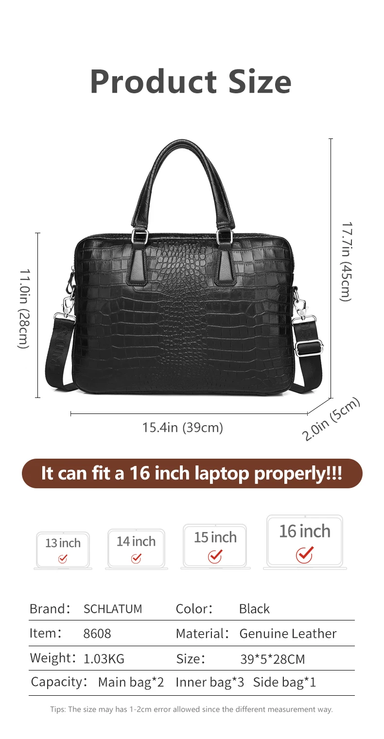 SCHLATUM Genuine Leather Crocodile Grain Briefcases Hard For Men 15.6 Inch Laptop Briefcase Bags Computer Bag Luxury Handbags