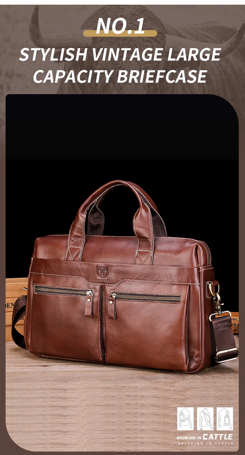 BULLCAPTAIN Briefcase Shoulder Bag Men's Genuine Leather 14 Inch Laptop Handbag Office Business Men's Fashion Simple Briefcase