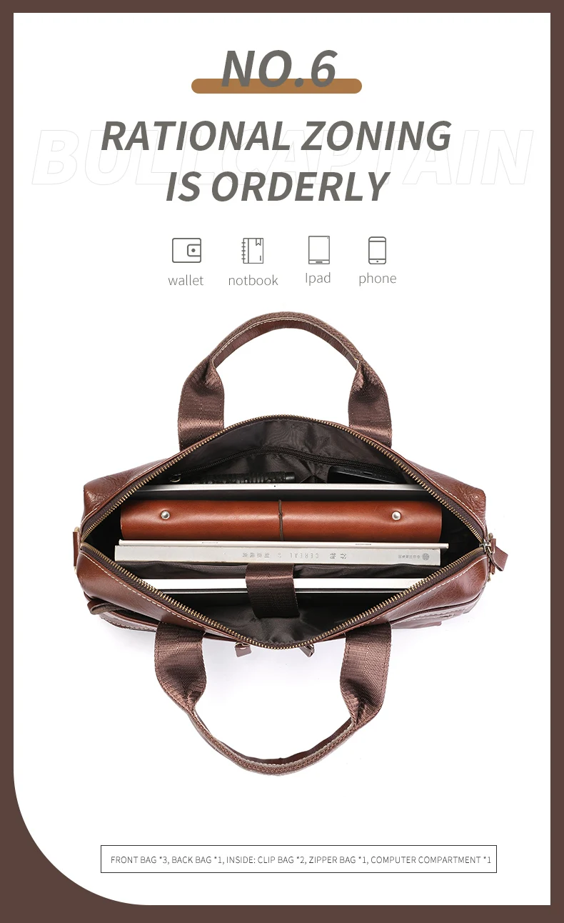 BULLCAPTAIN Briefcase Shoulder Bag Men's Genuine Leather 14 Inch Laptop Handbag Office Business Men's Fashion Simple Briefcase