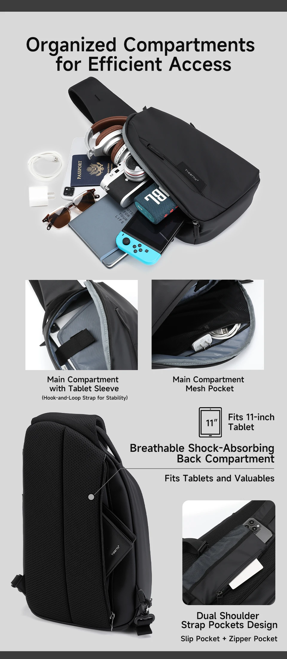 Tigernu Fashion Men's Shoulder Bag Travel Chest Bags for Men Water-Resistant Sling Bag Cross Bag Large Capacity 11 Inch IPad Bag