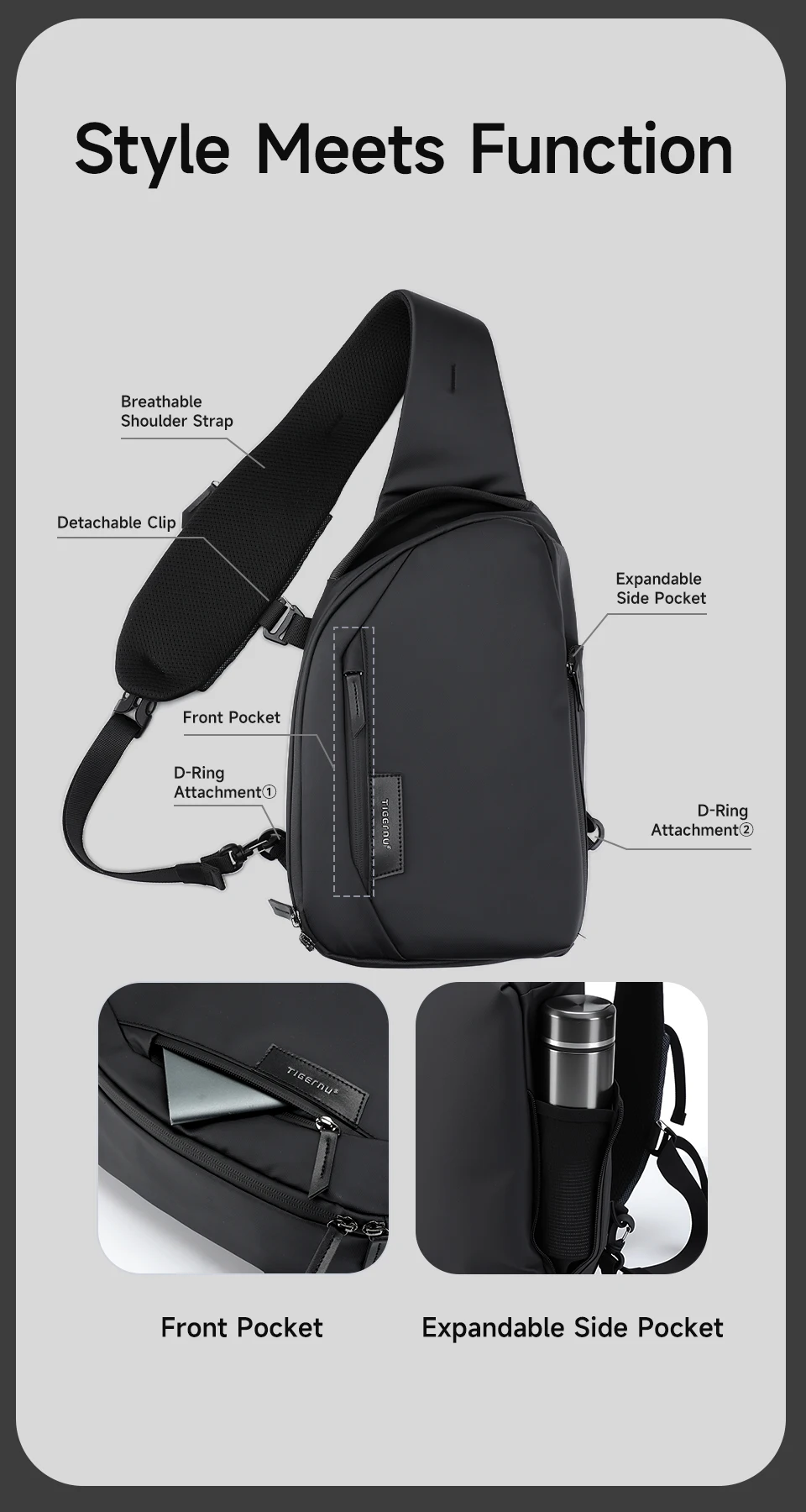 Tigernu Fashion Men's Shoulder Bag Travel Chest Bags for Men Water-Resistant Sling Bag Cross Bag Large Capacity 11 Inch IPad Bag