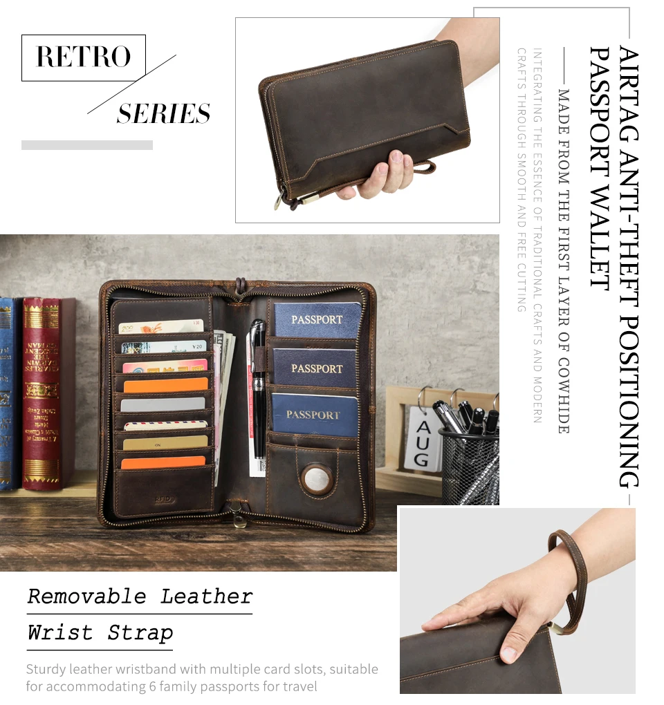 CONTACT'S Genuine Leather Family Passport Clutch Wallets Vintage Men Travel Clutch Bags Passport Cover Card Holder Phone Pocket
