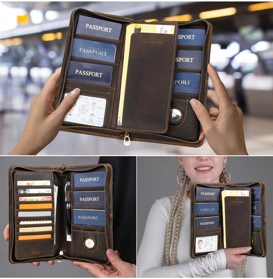 CONTACT'S Genuine Leather Family Passport Clutch Wallets Vintage Men Travel Clutch Bags Passport Cover Card Holder Phone Pocket