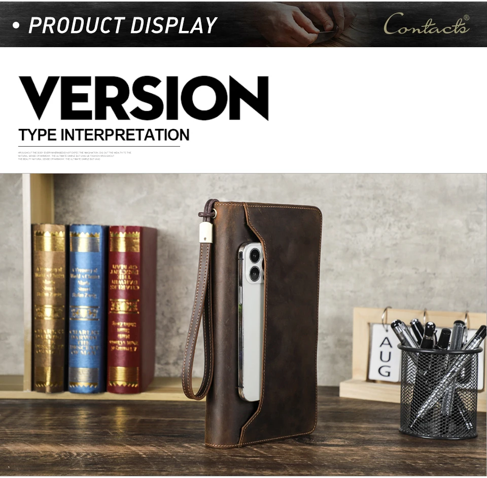CONTACT'S Genuine Leather Family Passport Clutch Wallets Vintage Men Travel Clutch Bags Passport Cover Card Holder Phone Pocket