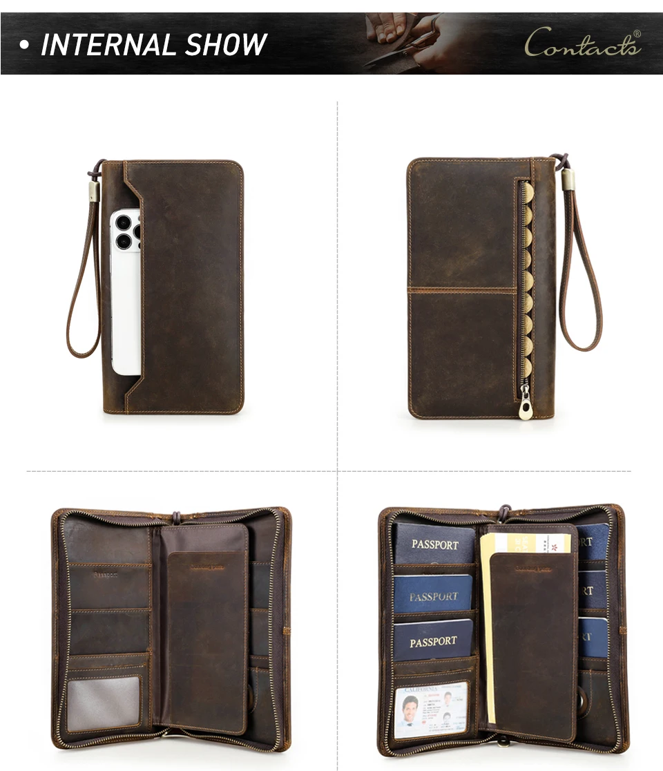CONTACT'S Genuine Leather Family Passport Clutch Wallets Vintage Men Travel Clutch Bags Passport Cover Card Holder Phone Pocket