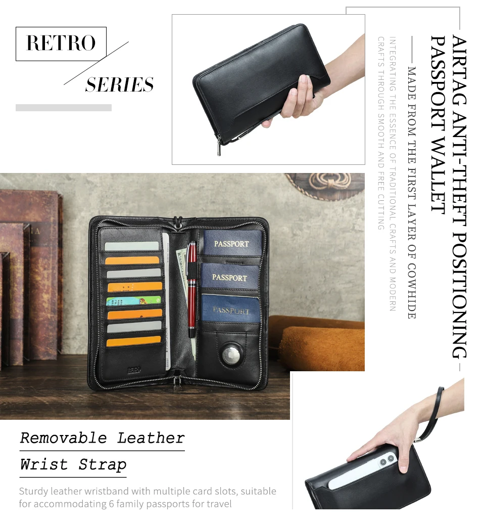 CONTACT'S Genuine Leather Family Passport Clutch Wallets Vintage Men Travel Clutch Bags Passport Cover Card Holder Phone Pocket