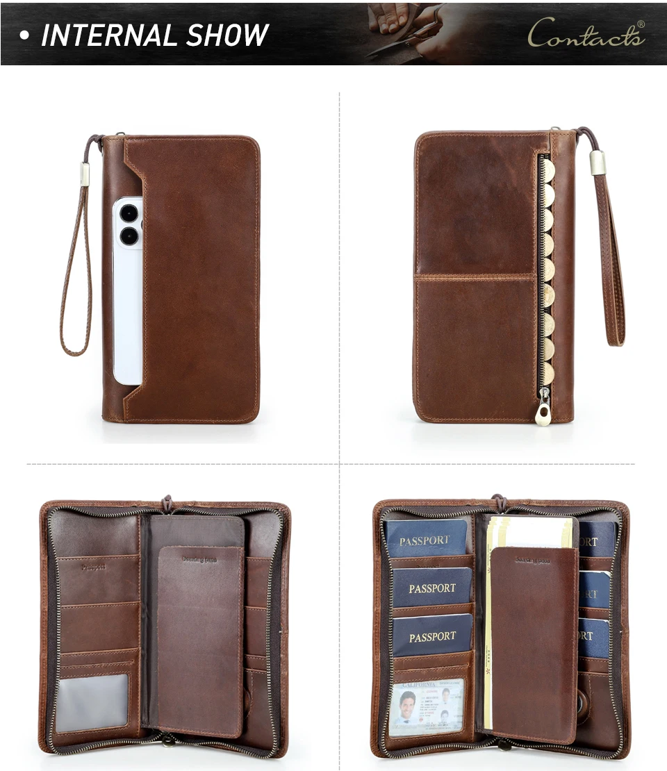 CONTACT'S Genuine Leather Family Passport Clutch Wallets Vintage Men Travel Clutch Bags Passport Cover Card Holder Phone Pocket