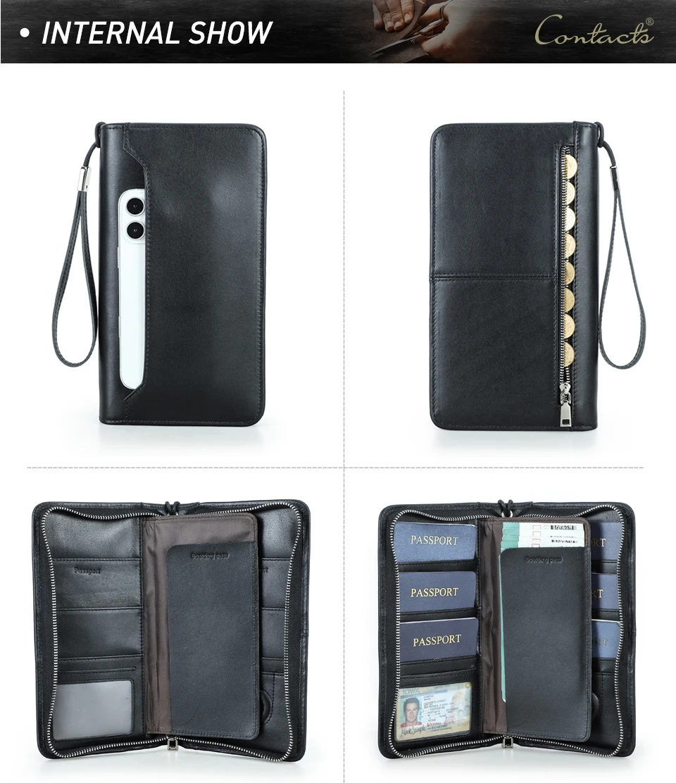 CONTACT'S Genuine Leather Family Passport Clutch Wallets Vintage Men Travel Clutch Bags Passport Cover Card Holder Phone Pocket