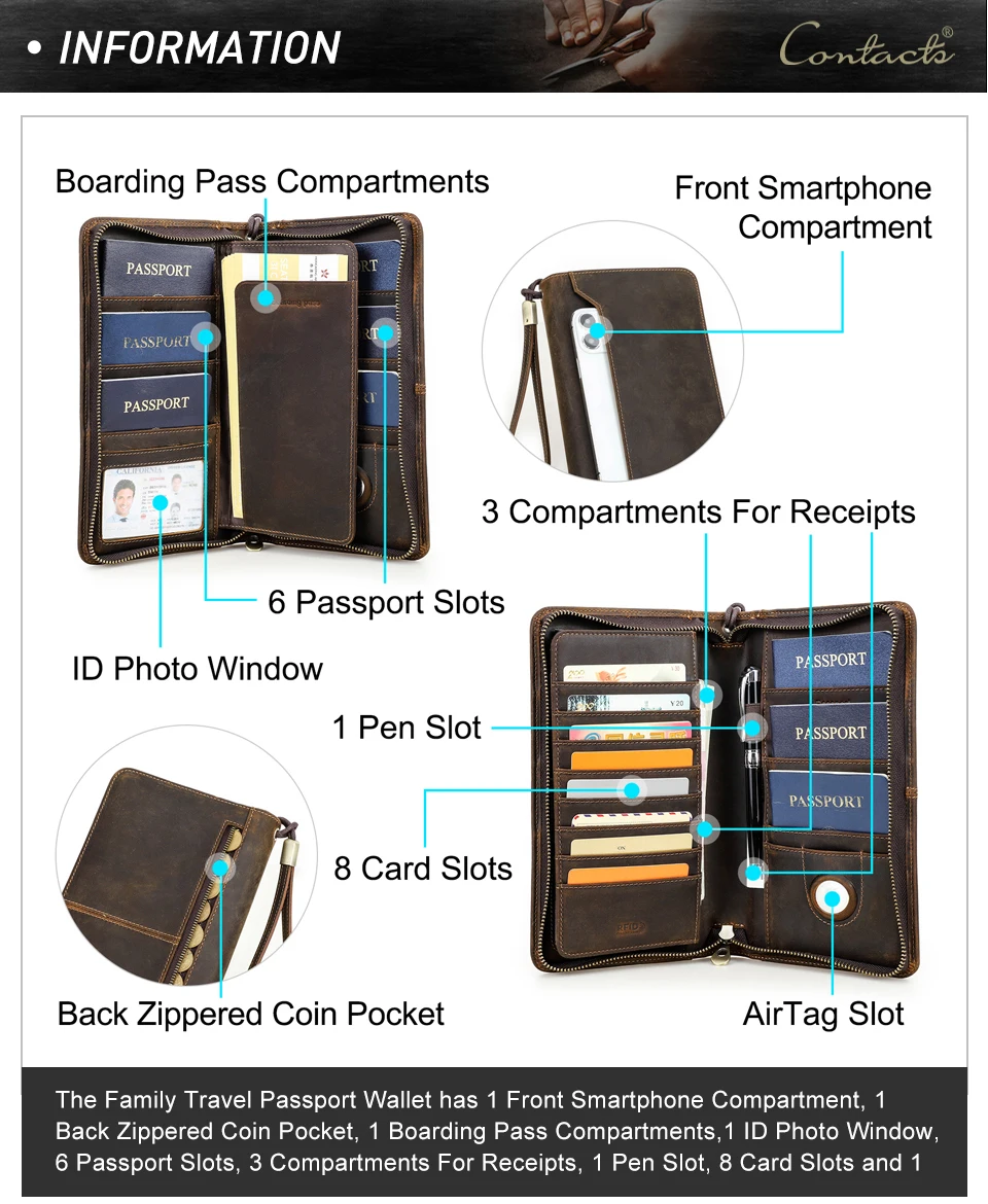 CONTACT'S Genuine Leather Family Passport Clutch Wallets Vintage Men Travel Clutch Bags Passport Cover Card Holder Phone Pocket