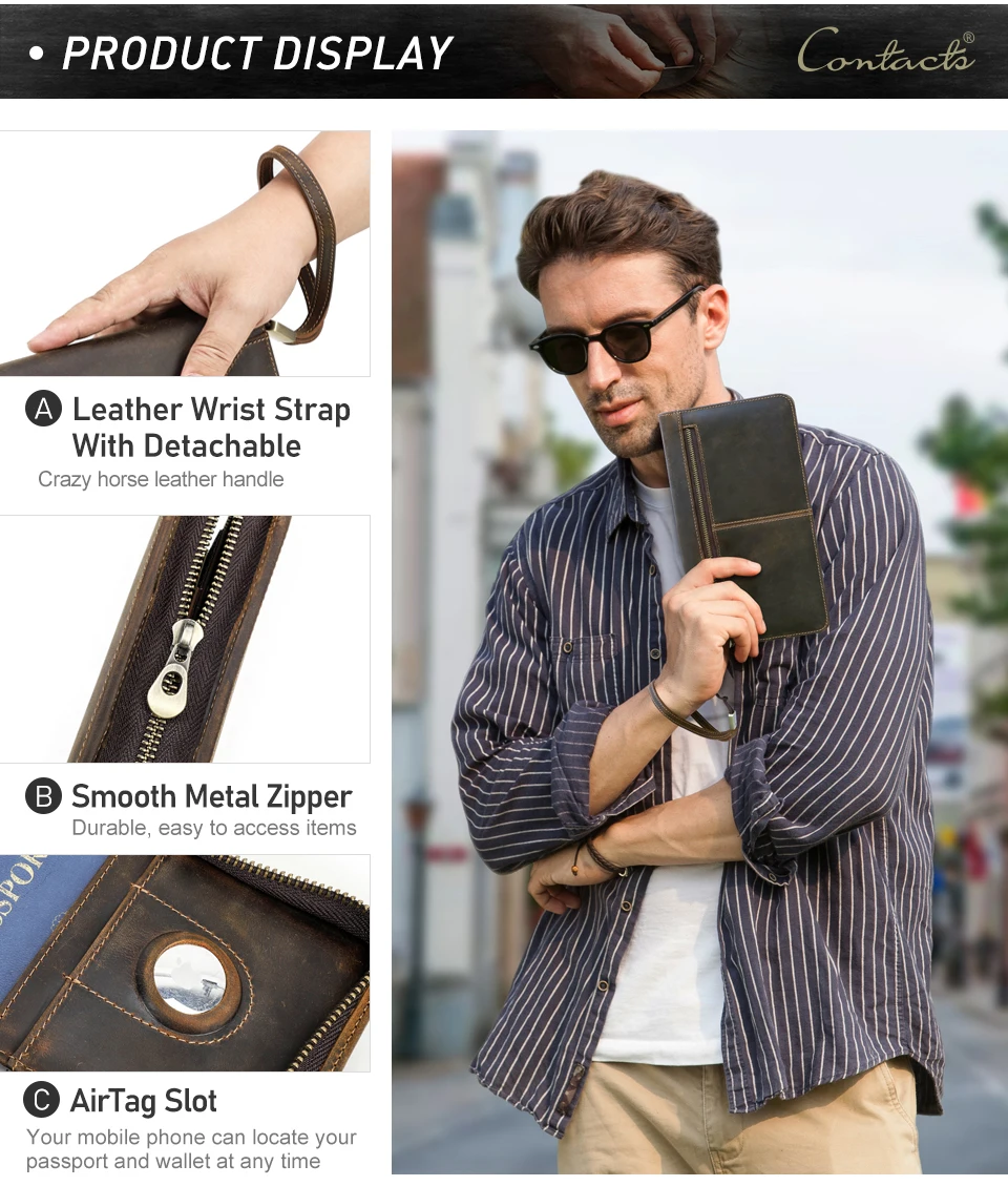 CONTACT'S Genuine Leather Family Passport Clutch Wallets Vintage Men Travel Clutch Bags Passport Cover Card Holder Phone Pocket