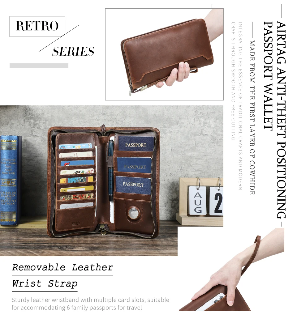 CONTACT'S Genuine Leather Family Passport Clutch Wallets Vintage Men Travel Clutch Bags Passport Cover Card Holder Phone Pocket