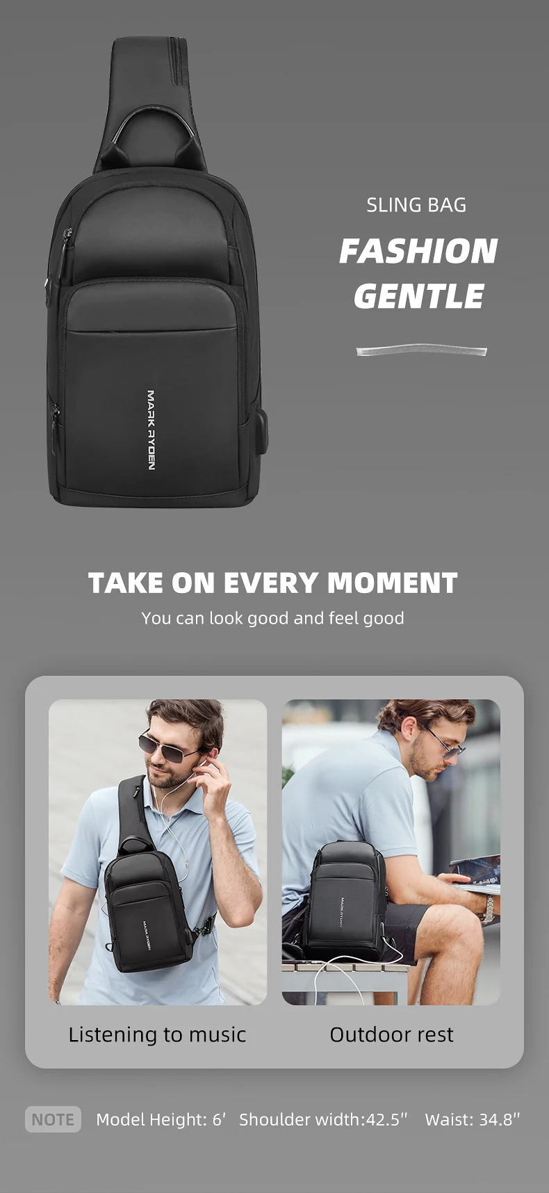 Mark Ryden Chest Bag Man Anti-thief Sling Bag Waterproof Men Crossbody Bag Fit 9.7 inch Ipad Fashion Shoulder Bag