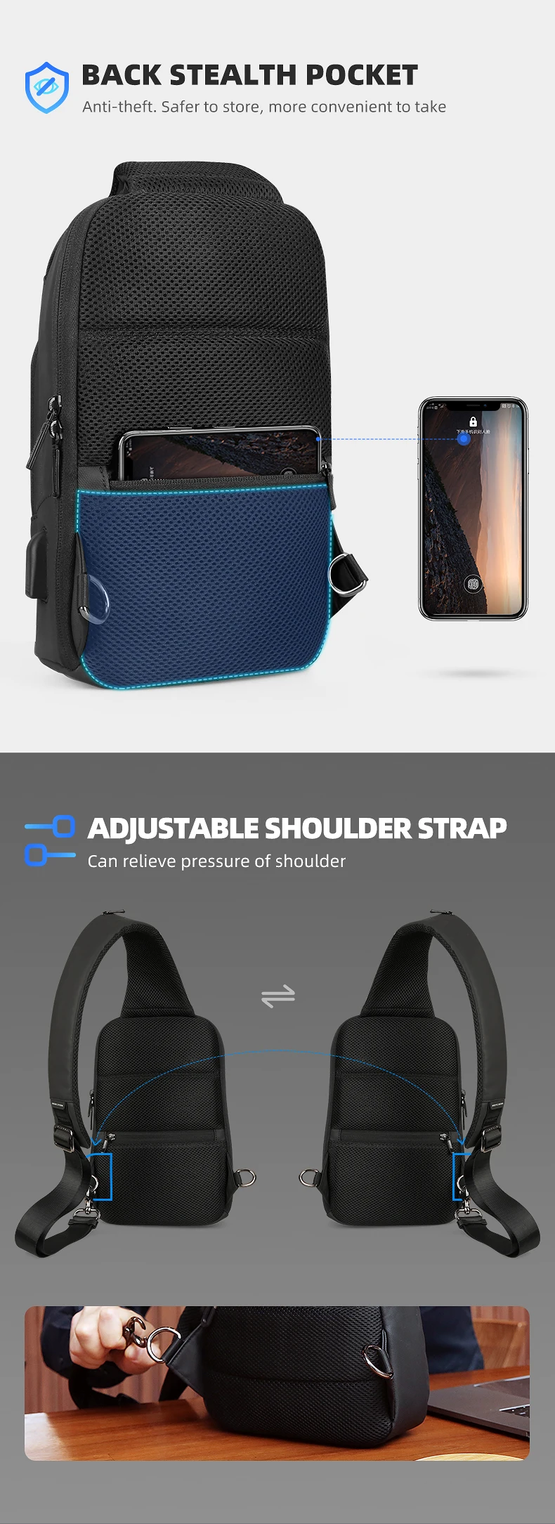 Mark Ryden Chest Bag Man Anti-thief Sling Bag Waterproof Men Crossbody Bag Fit 9.7 inch Ipad Fashion Shoulder Bag