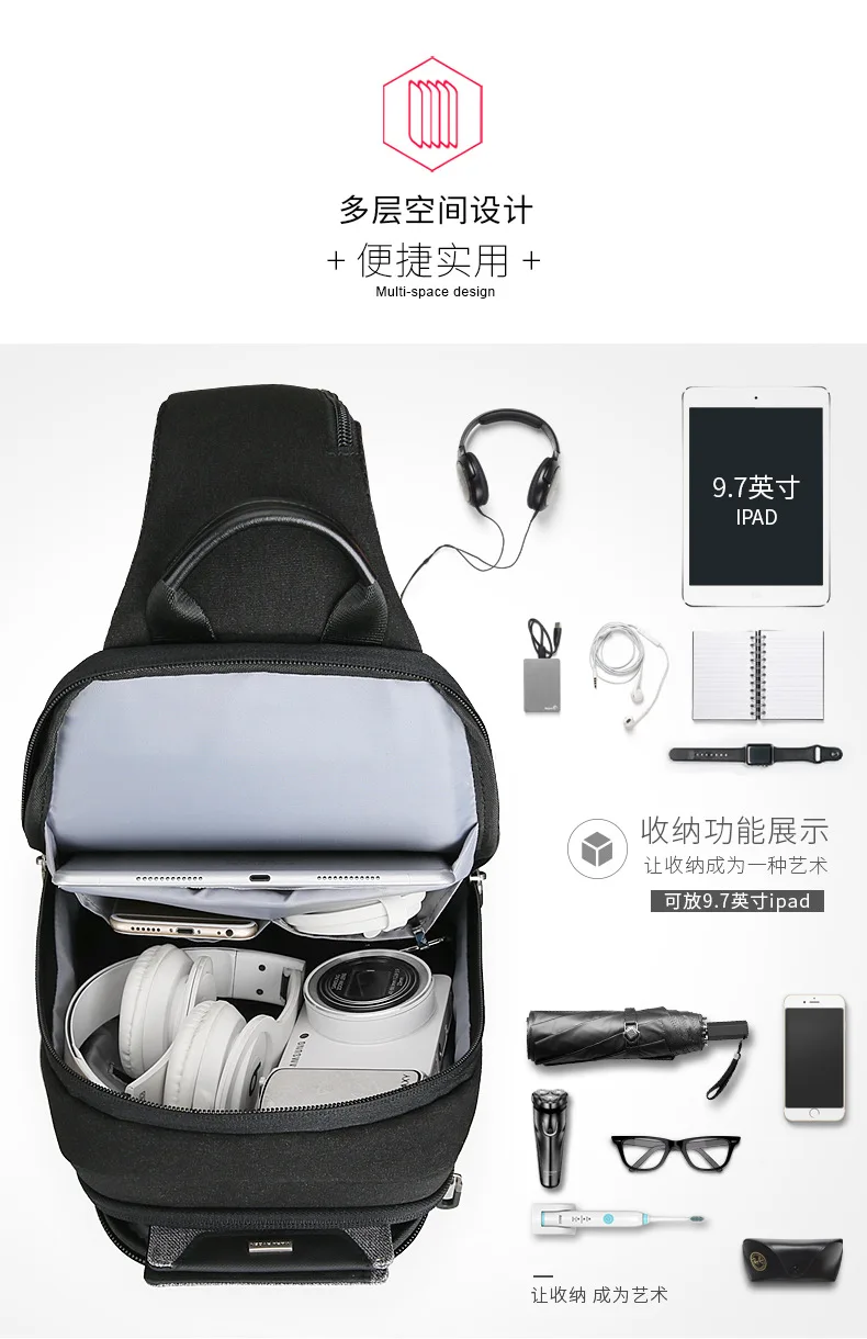 Mark Ryden Chest Bag Man Anti-thief Sling Bag Waterproof Men Crossbody Bag Fit 9.7 inch Ipad Fashion Shoulder Bag