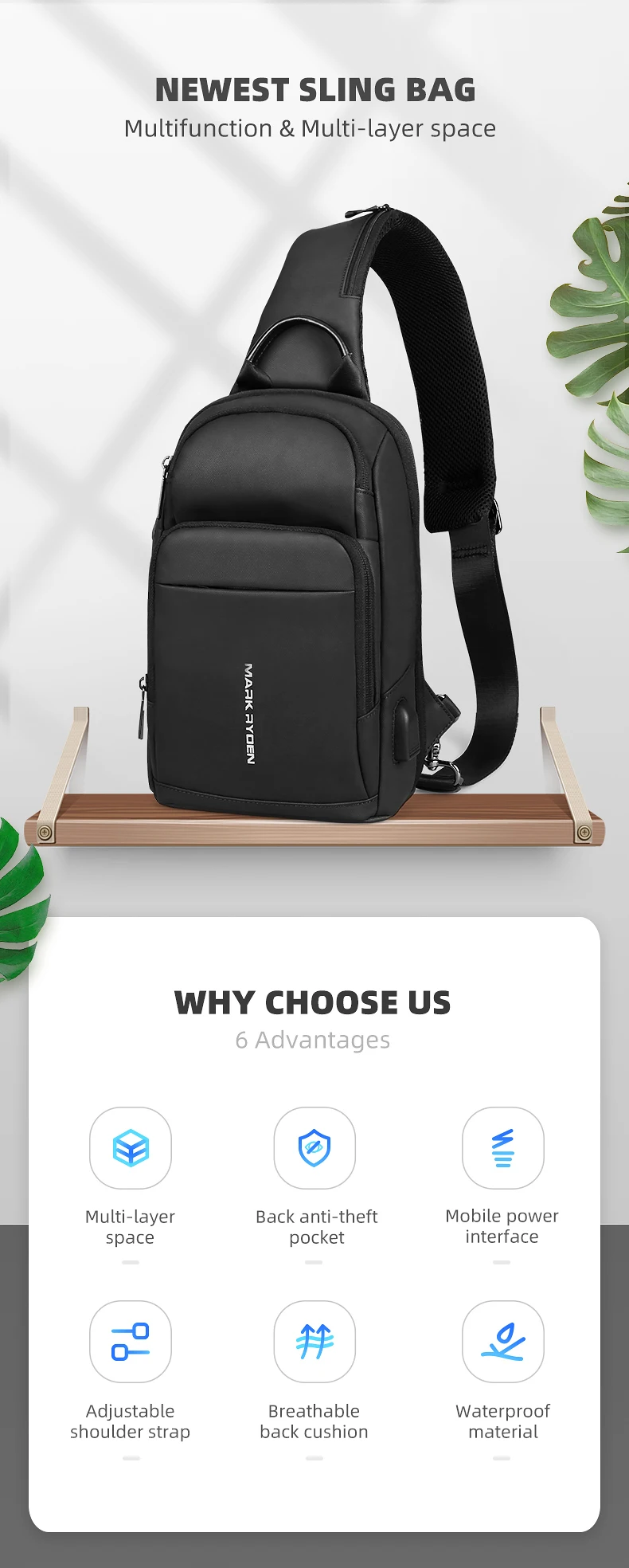 Mark Ryden Chest Bag Man Anti-thief Sling Bag Waterproof Men Crossbody Bag Fit 9.7 inch Ipad Fashion Shoulder Bag