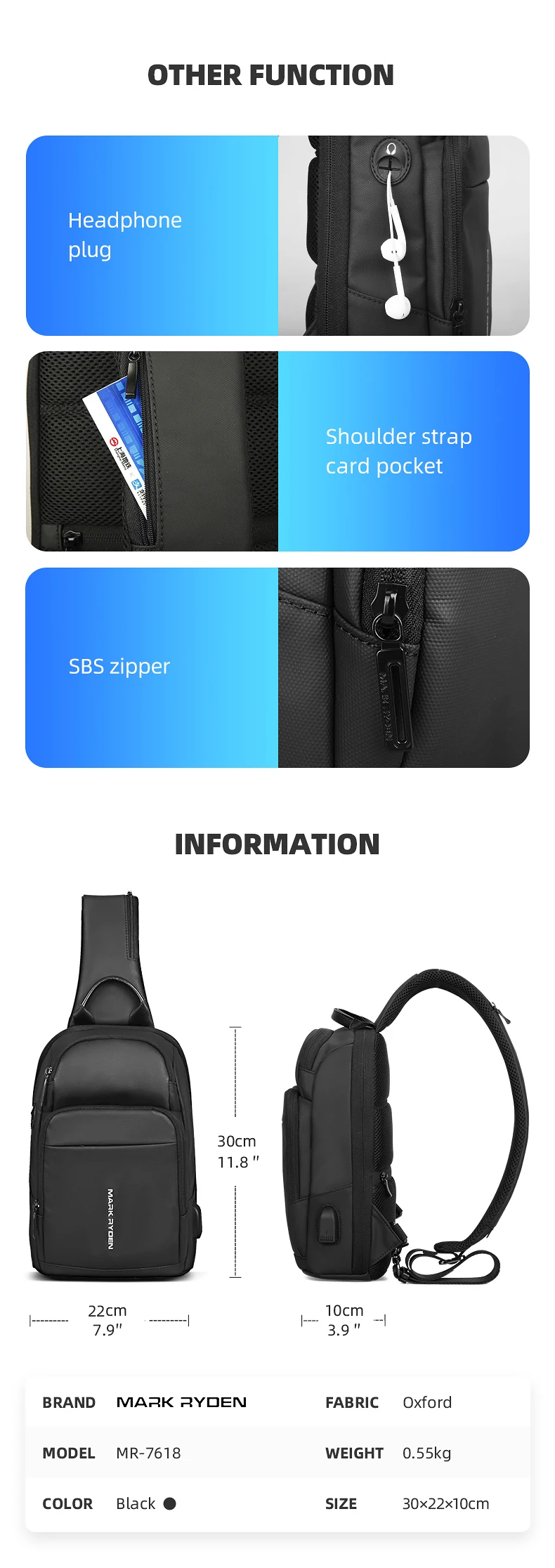 Mark Ryden Chest Bag Man Anti-thief Sling Bag Waterproof Men Crossbody Bag Fit 9.7 inch Ipad Fashion Shoulder Bag