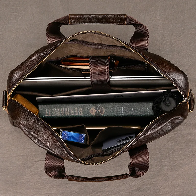 Luxury Brand Leather Men Laptop Bag 14 Inch Genuine Leather Business Bag Male Briefcases Work Tote With Strap Male Messenger Bag