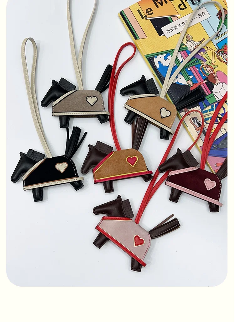 Rodeo Rodeo Coeur Handmade Leather Horse Bag Charm, Genuine Sheepskin & Suede Leather Bag Accessory, Heart Design Bag Pendant