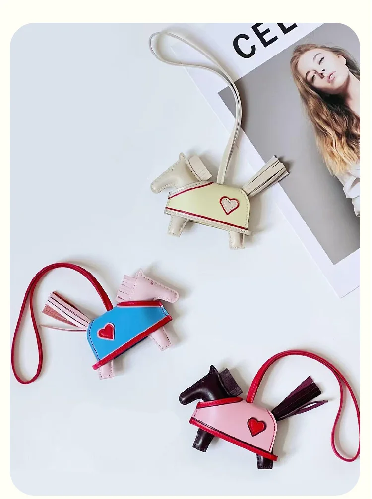Rodeo Rodeo Coeur Handmade Leather Horse Bag Charm, Genuine Sheepskin & Suede Leather Bag Accessory, Heart Design Bag Pendant