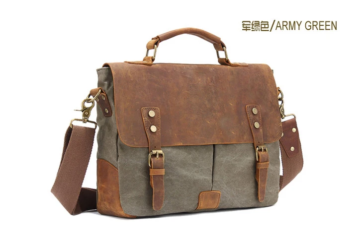 Vintage Leather + Canvas Men Briefcase Business Bag Portfolio Men Office Bag Male Canvas Briefcase Attache Case Document Tote