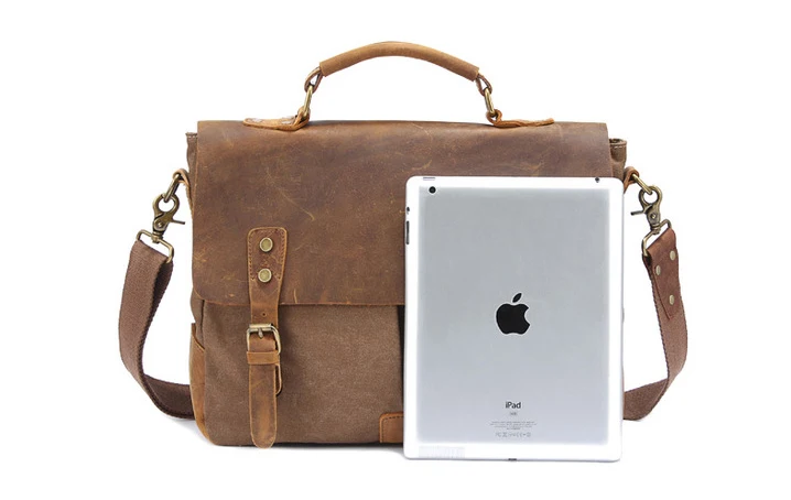 Vintage Leather + Canvas Men Briefcase Business Bag Portfolio Men Office Bag Male Canvas Briefcase Attache Case Document Tote