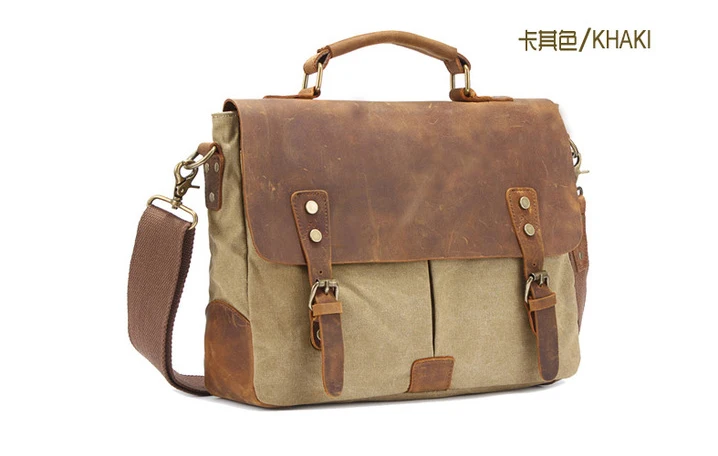 Vintage Leather + Canvas Men Briefcase Business Bag Portfolio Men Office Bag Male Canvas Briefcase Attache Case Document Tote