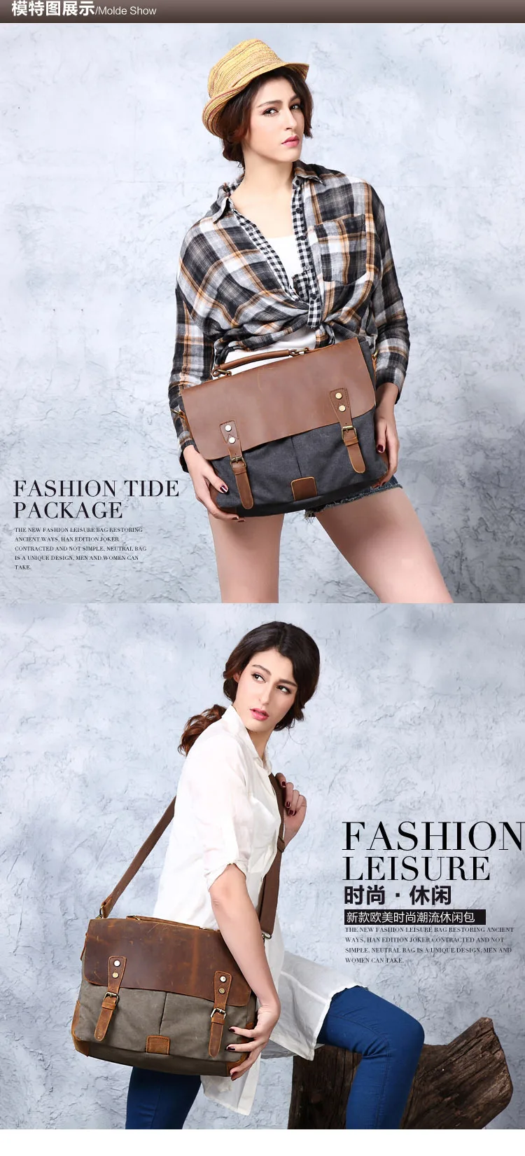 Vintage Leather + Canvas Men Briefcase Business Bag Portfolio Men Office Bag Male Canvas Briefcase Attache Case Document Tote