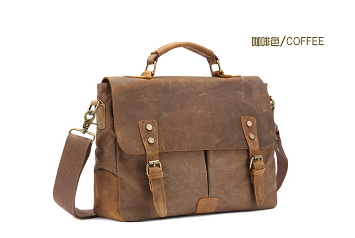 Vintage Leather + Canvas Men Briefcase Business Bag Portfolio Men Office Bag Male Canvas Briefcase Attache Case Document Tote