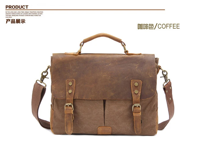 Vintage Leather + Canvas Men Briefcase Business Bag Portfolio Men Office Bag Male Canvas Briefcase Attache Case Document Tote