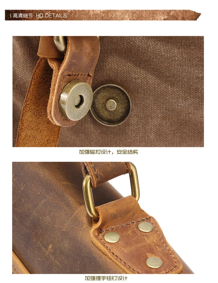 Vintage Leather + Canvas Men Briefcase Business Bag Portfolio Men Office Bag Male Canvas Briefcase Attache Case Document Tote