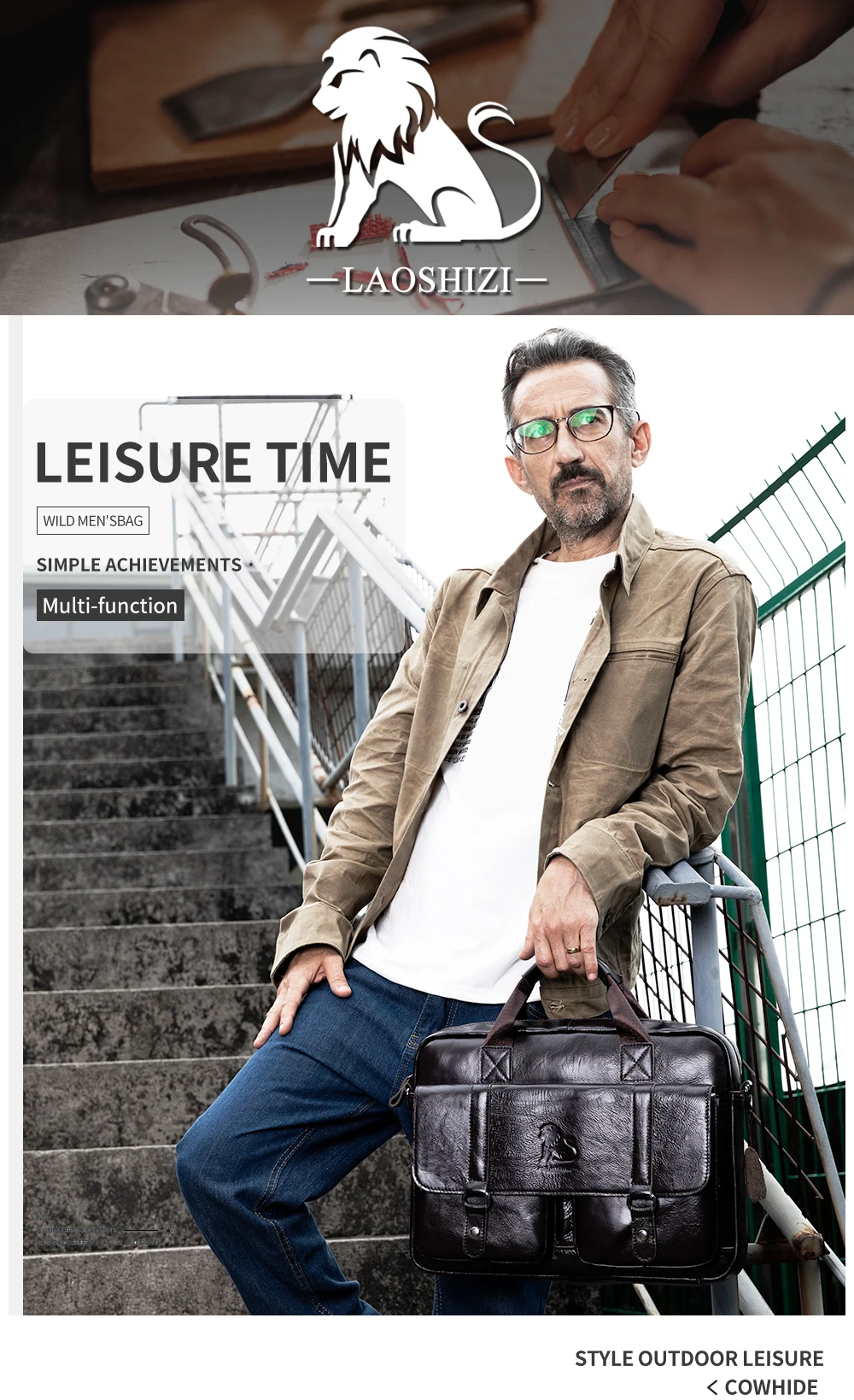 Genuine Leather Men's Briefcase with Double Front Pockets, Large Capacity Computer Bag, Diagonal Cross Handbag