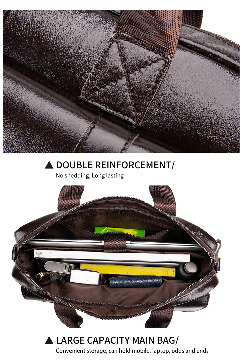 Genuine Leather Men's Briefcase with Double Front Pockets, Large Capacity Computer Bag, Diagonal Cross Handbag
