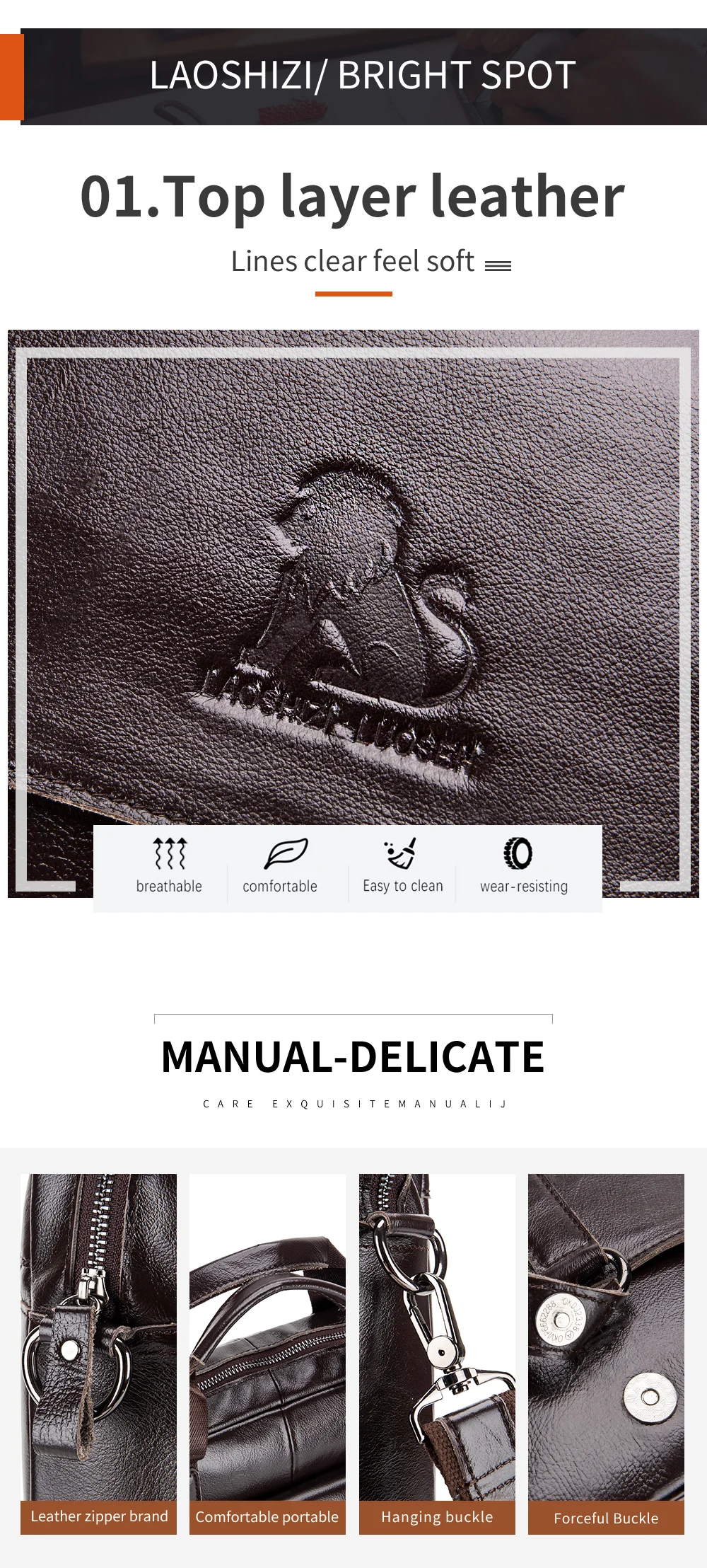Genuine Leather Men's Briefcase with Double Front Pockets, Large Capacity Computer Bag, Diagonal Cross Handbag